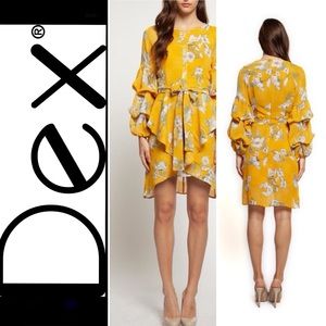 Dex Floral Shirt Dress w/ Bouffant Sleeves & Belt
